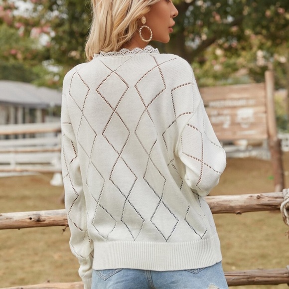 off white v neck lace detail knit sweater fall - Picture 3 of 4